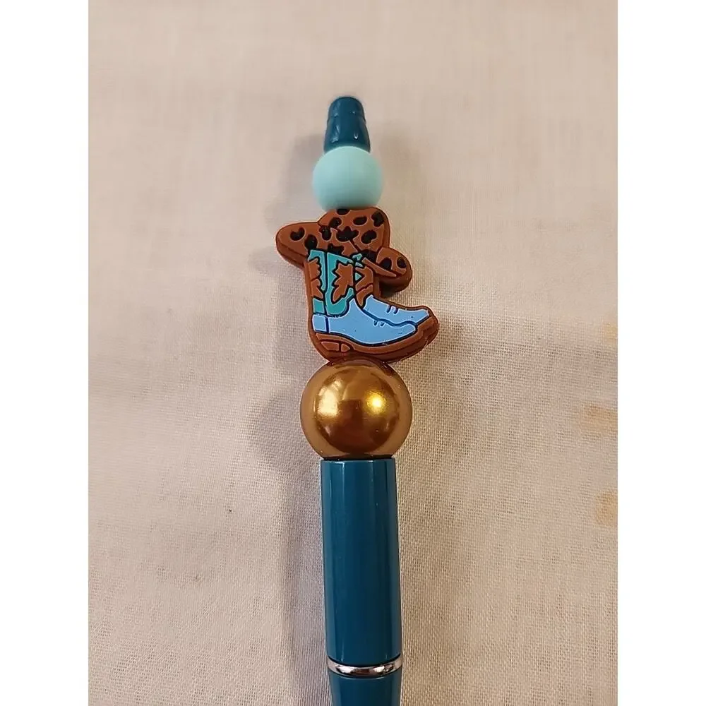 Bead Pen Blue & Brown Gold Cowgirl Boot Silicone Beads